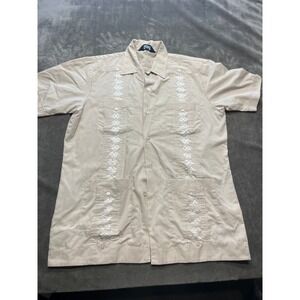 Mens‎ Short Sleeve Beige Embroidered Cuban Style Button Up Shirt